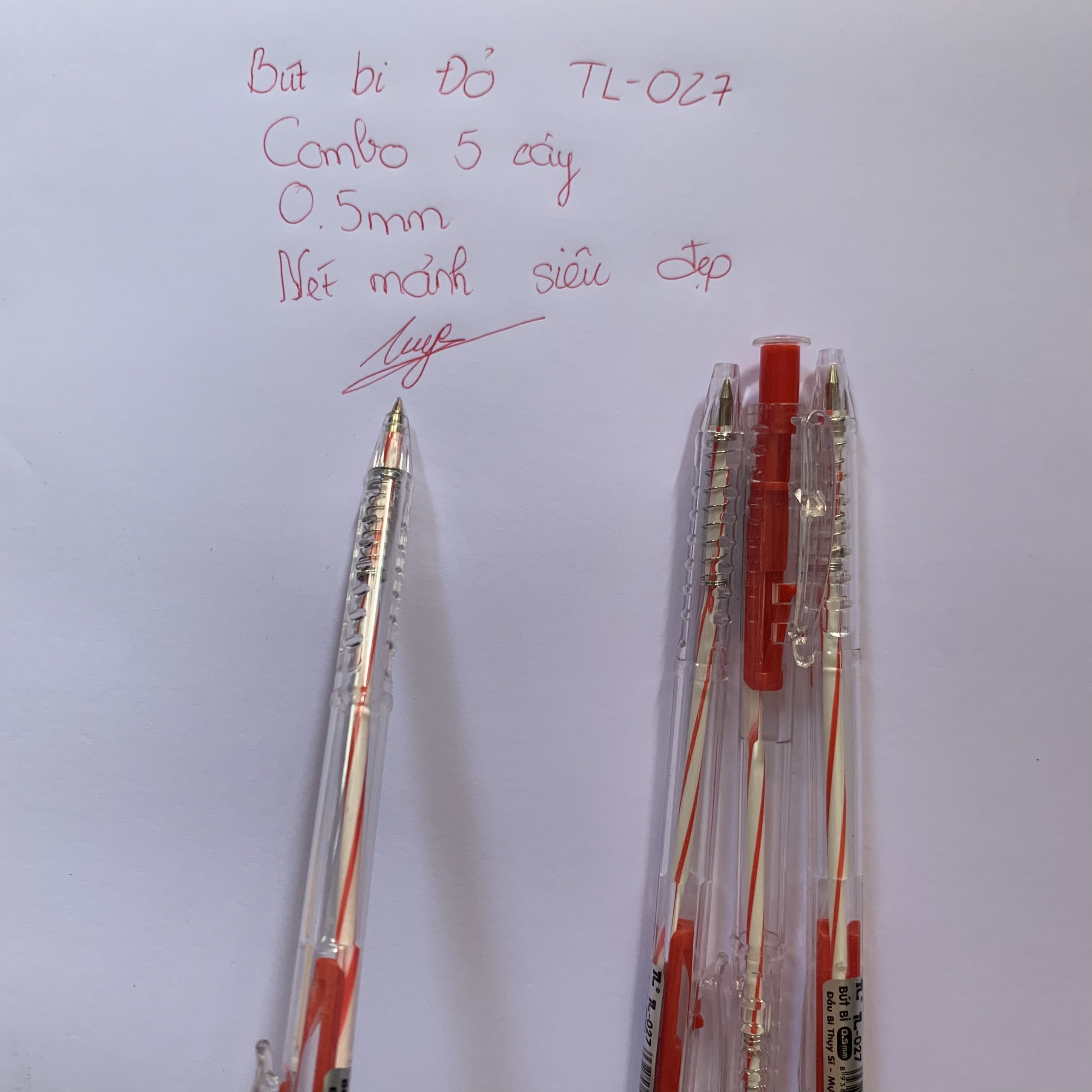 Combo 5 cây bút bi ĐỎ TL-027 Thiên Lộc