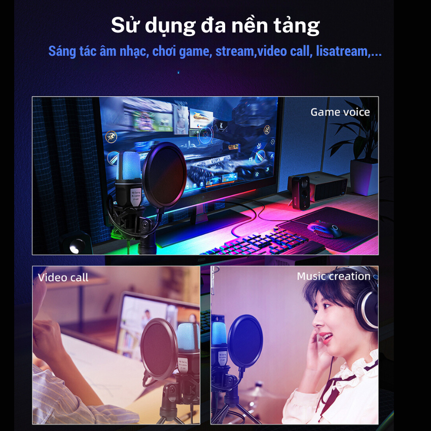 Micro Thu Âm USB, Mic thu âm có dây, Độ Nhạy Cao Tích Hợp Led RGB, Mic Thu Âm Livestream Có Màng Lọc Tạp Âm, Chân Đỡ Để Bàn