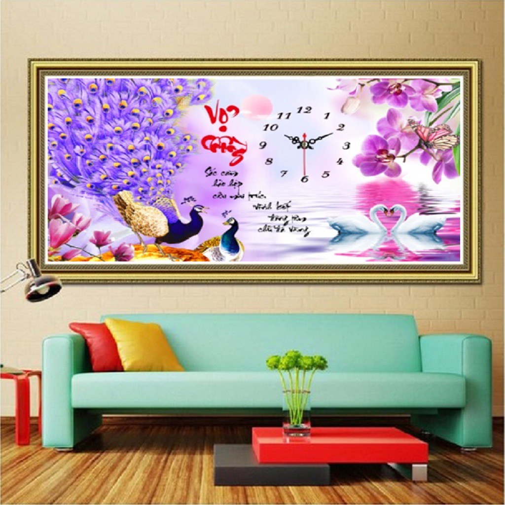 Tranh đính đá Vợ Chồng cao cấp làm xong lắp đồng hồ vào