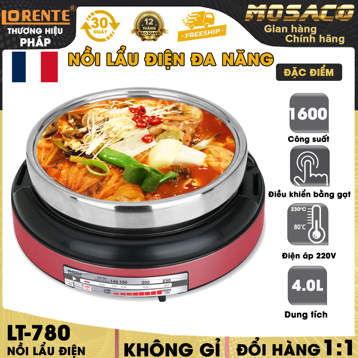 Lẩu Điện Lorente LT-780 1000W Nồi nấu đa năng tích hợp 2 chức năng lẩu, nướng tiện lợi nồi lẩu dày dặn, giữ nhiệt tốt, thức ăn chín nhanh chảo nướng chống dính Whitford USA an toàn cho sức khỏe - MOSACO GIA DỤNG