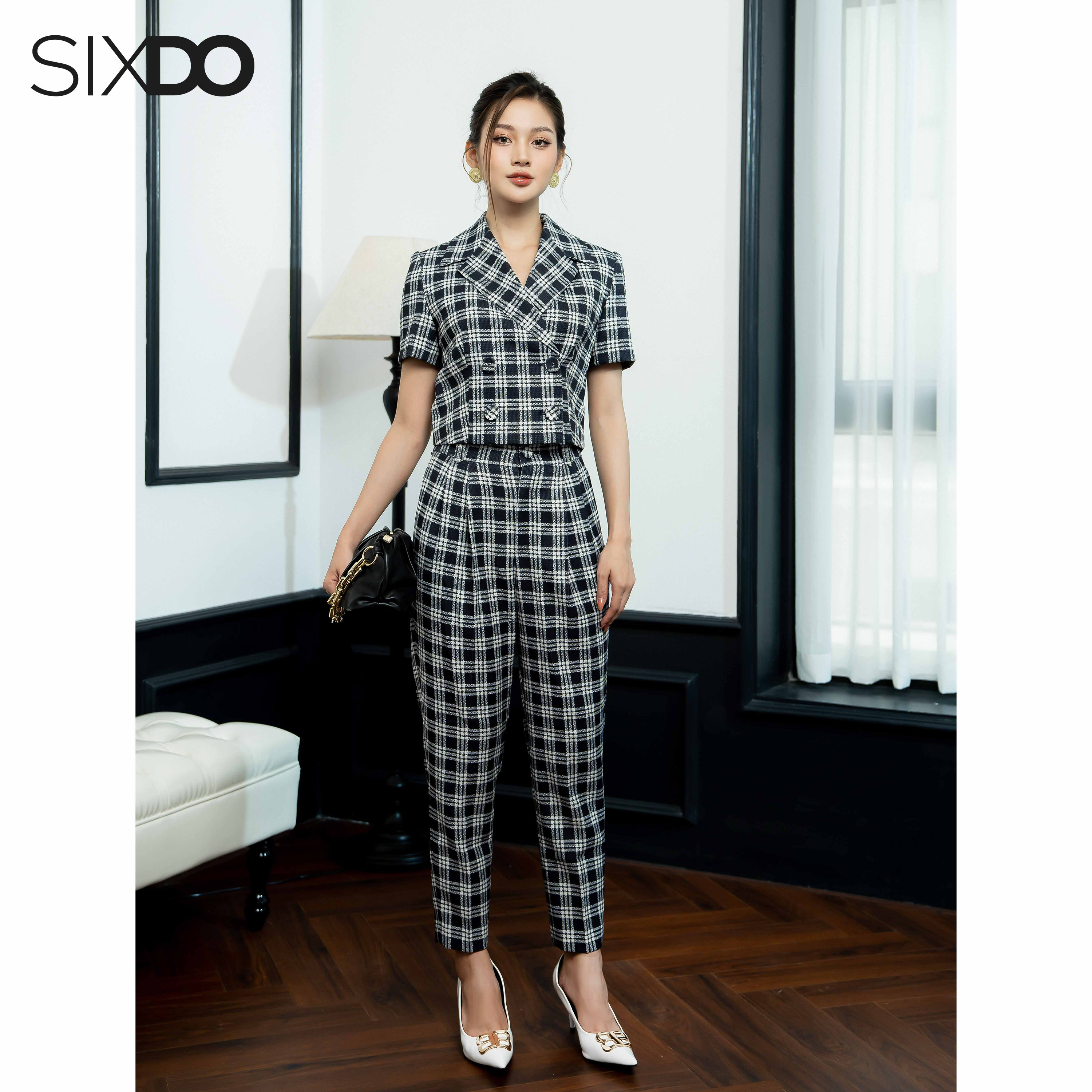 Áo Vest nữ kẻ đen SIXDO (Black Check Cropped Raw Vest)
