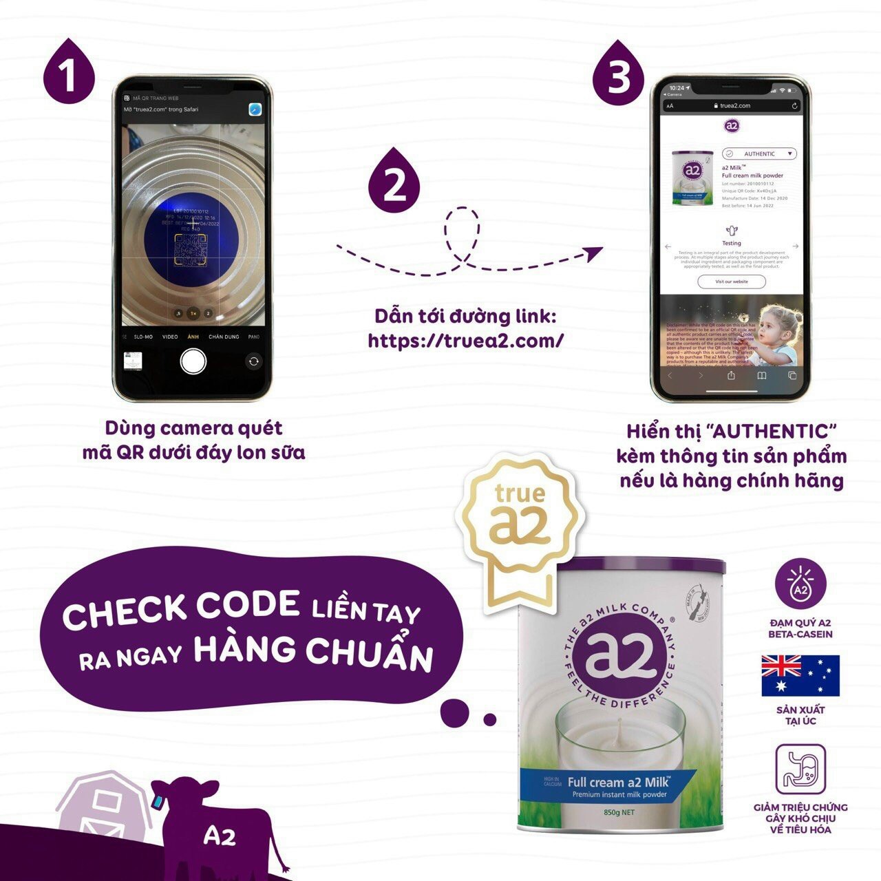 Sữa bột A2 nguyên kem 850gr dạng lon Úc