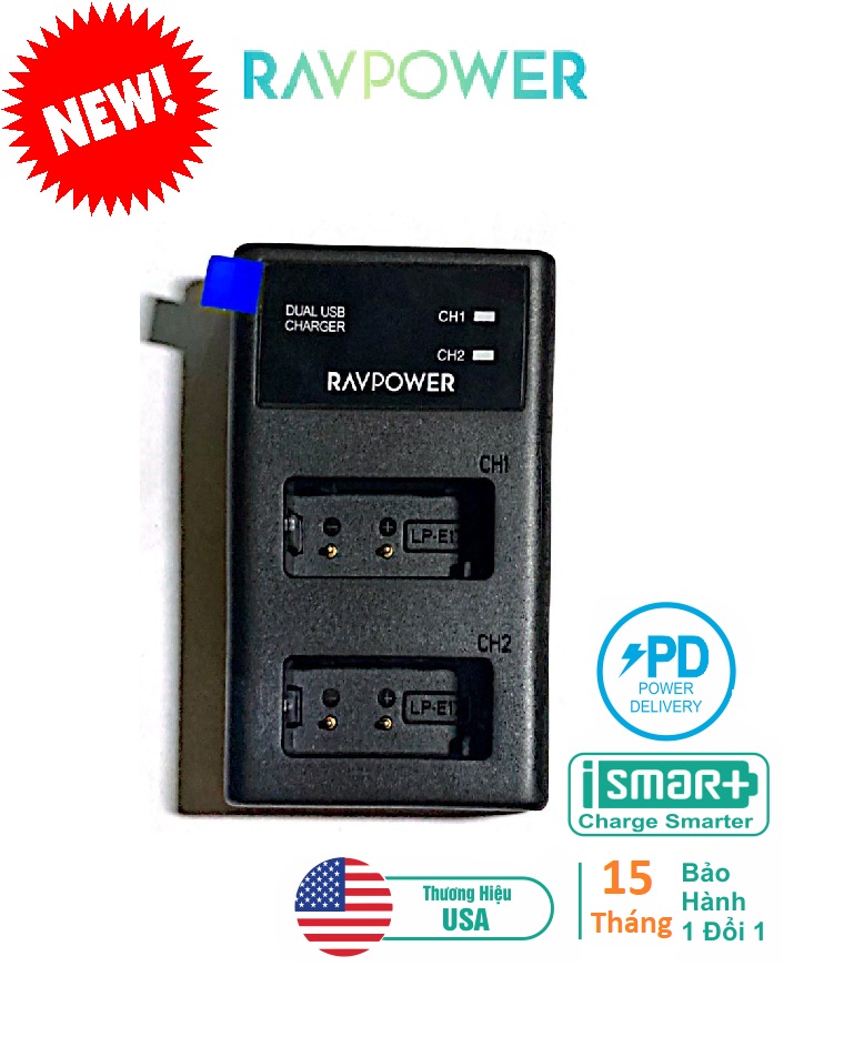Bộ 2 Pin + 1 Sạc RAVPower LP-E17 for Canon EOS 77D, EOS 750D, EOS 760D, EOS 8000D, EOS M3, EOS M5, EOS M6