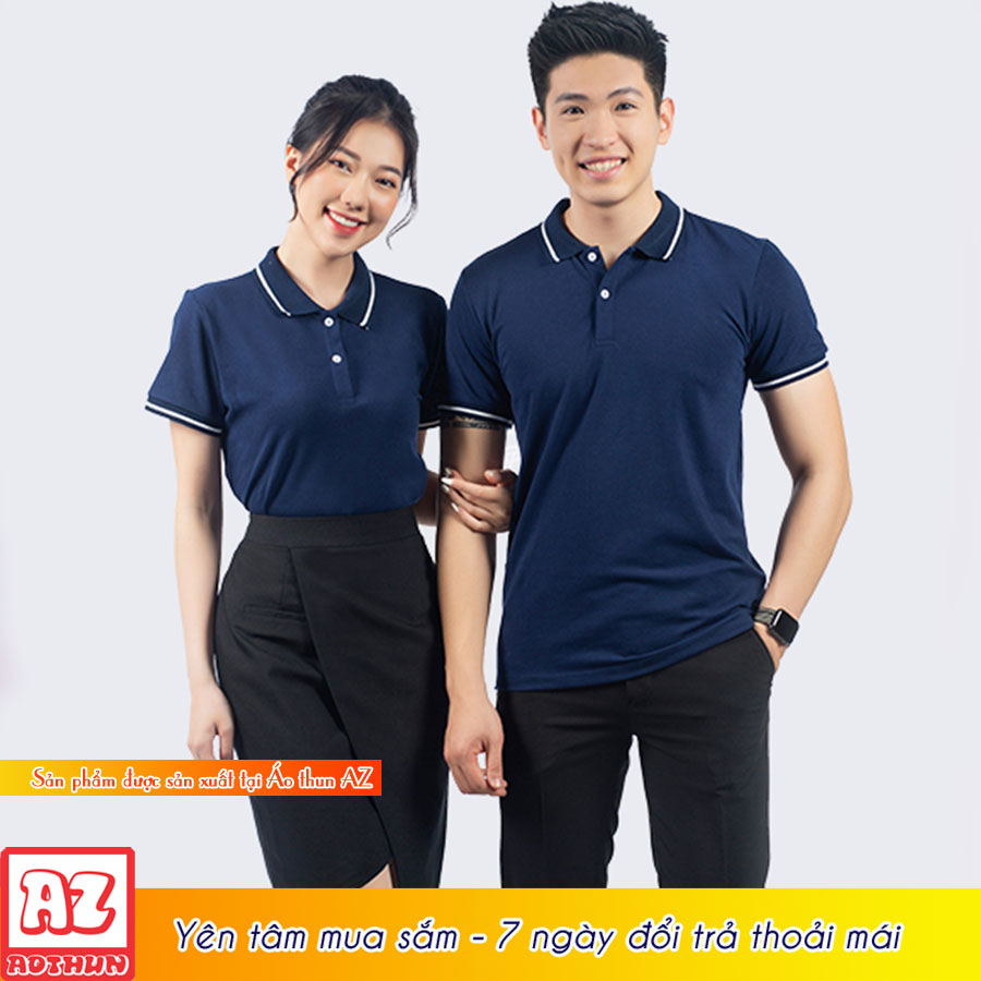 Áo thun polo cổ trụ nam nữ màu xanh đen navy phối viền trắng trơn - Vải cá sấu poly cao cấp