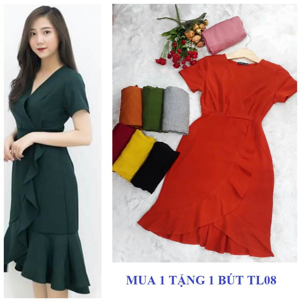 (8 màu- 4 size) váy suông dự tiệc đuôi cá đắp chéo phối bèo