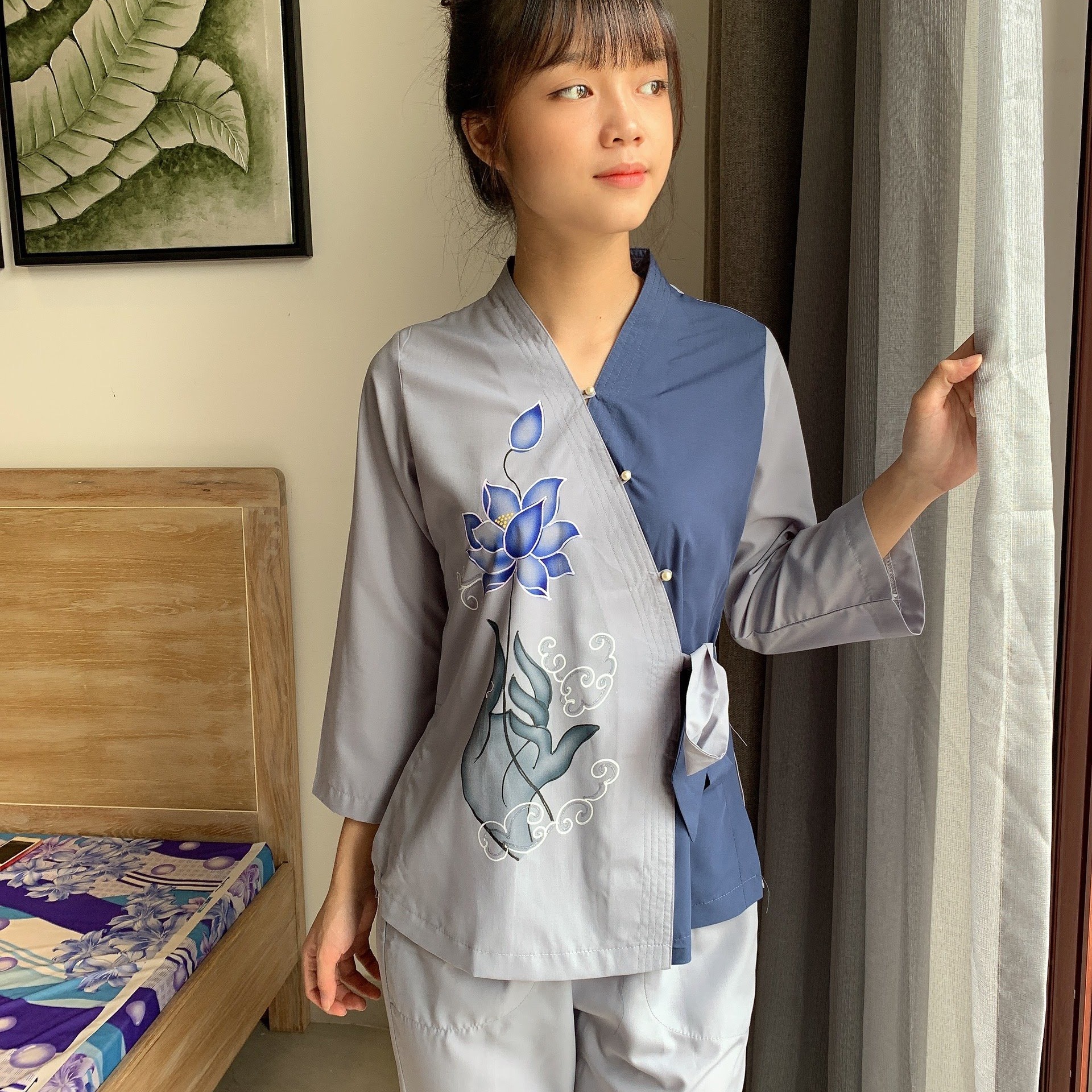 [HCM]Đồ lam đi chùa nữ đồ phật tử áo lam mẫu bà lai nhật phối sen vẽ