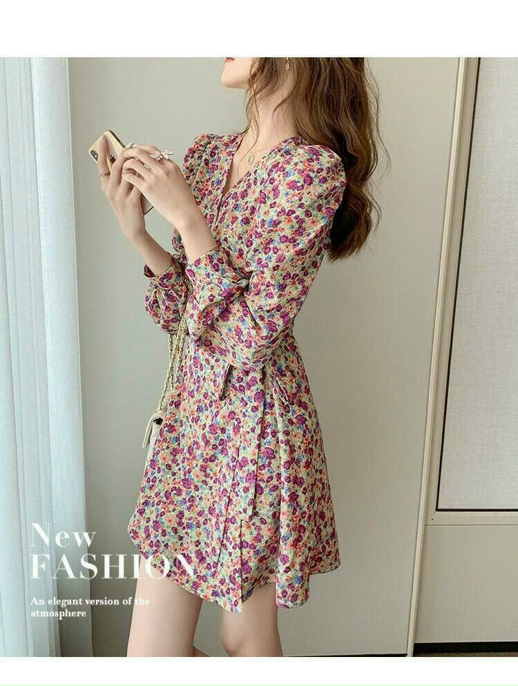 Đầm lụa hoa tay dài bo cổ tim cột nơ eo cực xinh