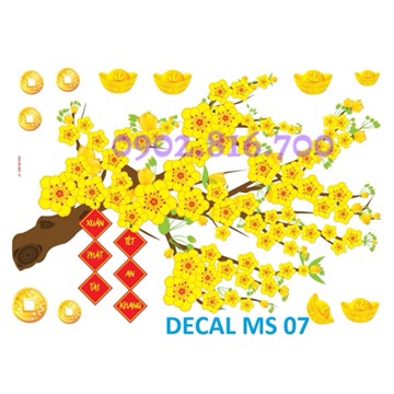 Decan Hoa mai - hoa đào - 2 em bé áo dài - Múa lân dán kiếng dán tường phụ kiện trang trí tết