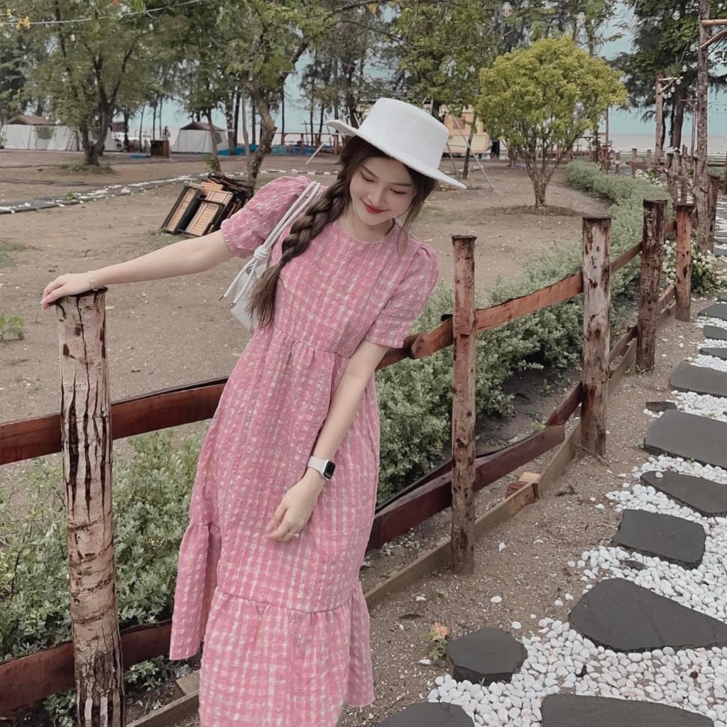 HOÀN TIỀN 15% - Váy V59 Đầm Đuôi Cá Kẻ Hồng Tay Bồng Chất Đũi Kẻ