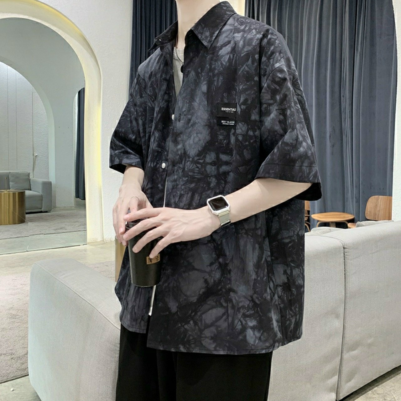 Áo sơ mi nam tay ngắn form rộng họa tiết loang màu hotfrend 2021 chất voan lụa dày mịn thoáng mát