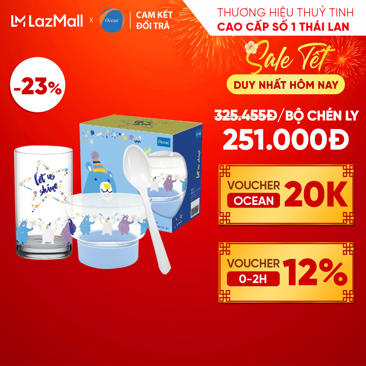 Bộ chén và ly thủy tinh Ocean Bear