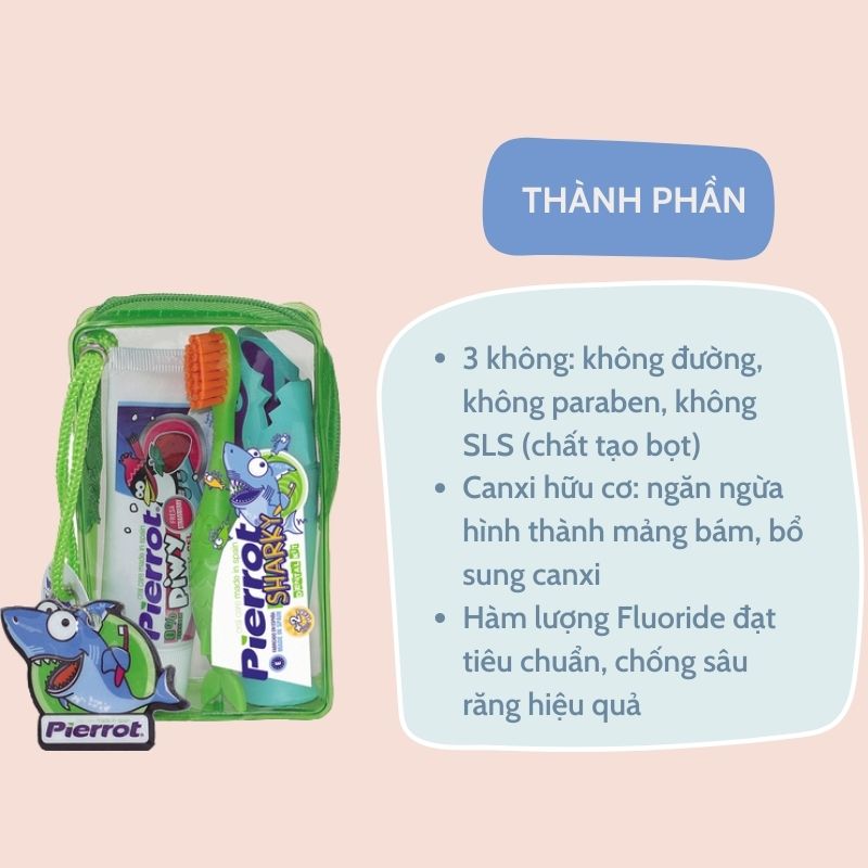 Set Bàn chải đánh răng trẻ em Pierrot SHARKY kèm túi nhựa