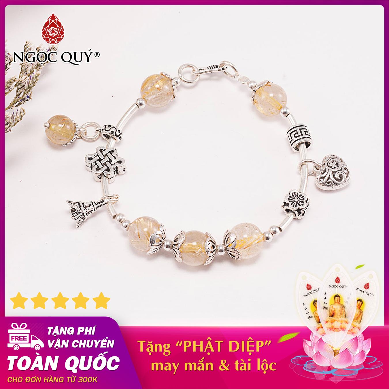 Vòng tay phong thủy nữ đá thạch anh tóc vàng phối charm trái tim bạc 10mm mệnh thổ , kim - Ngọc Quý Gemstones