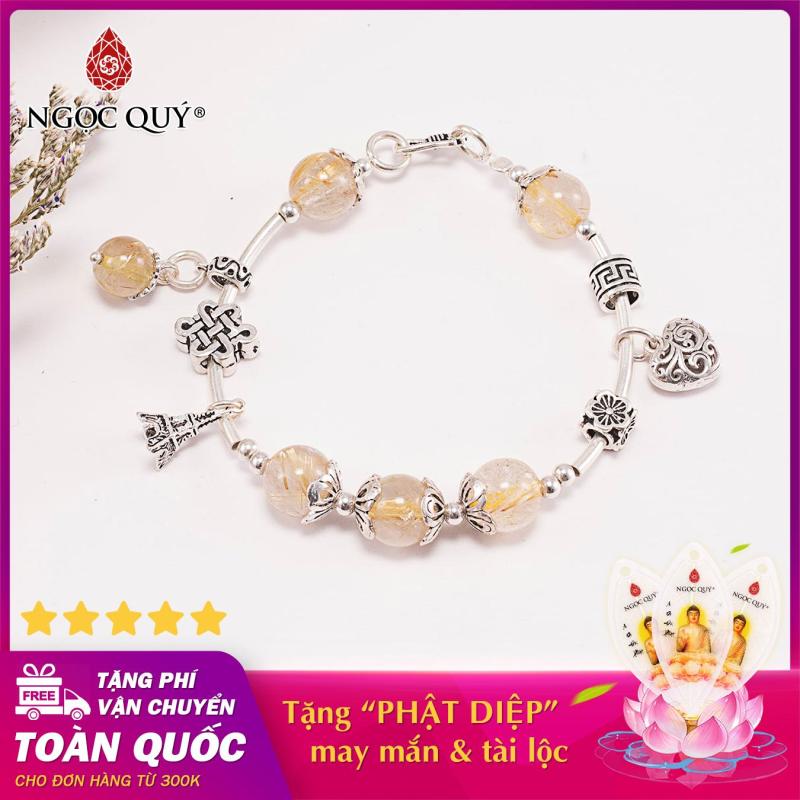 Vòng tay phong thủy nữ đá thạch anh tóc vàng phối charm trái tim bạc 10mm mệnh thổ , kim - Ngọc Quý Gemstones
