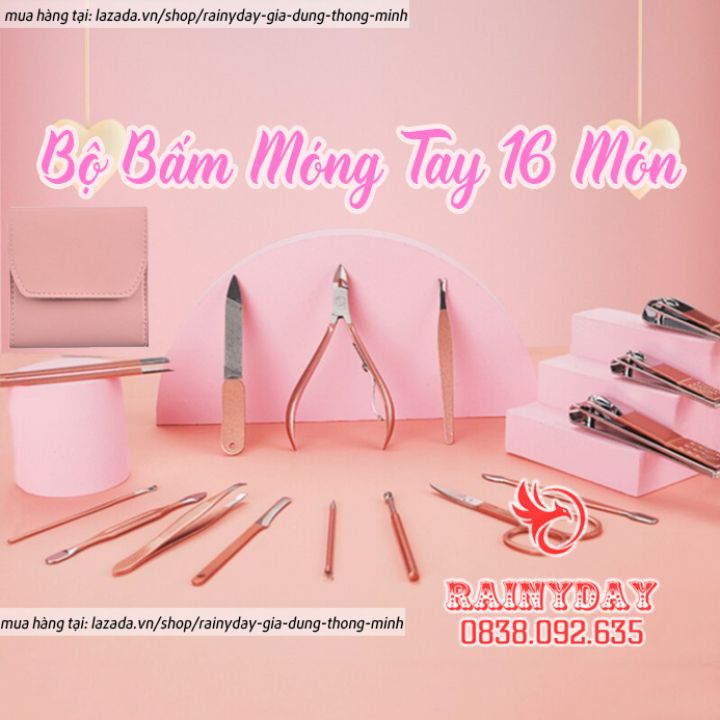 Bộ bấm móng tay cao cấp, kìm cắt móng tay chân hồng 16 chi tiết bộ kiềm dụng cụ làm nail tại nhà