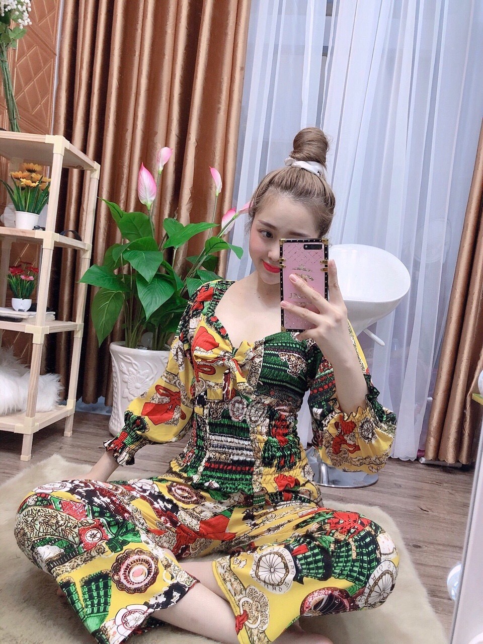 Set bộ nữ thổ cẩm quần dài ống rộng áo tay dài nơ cổ