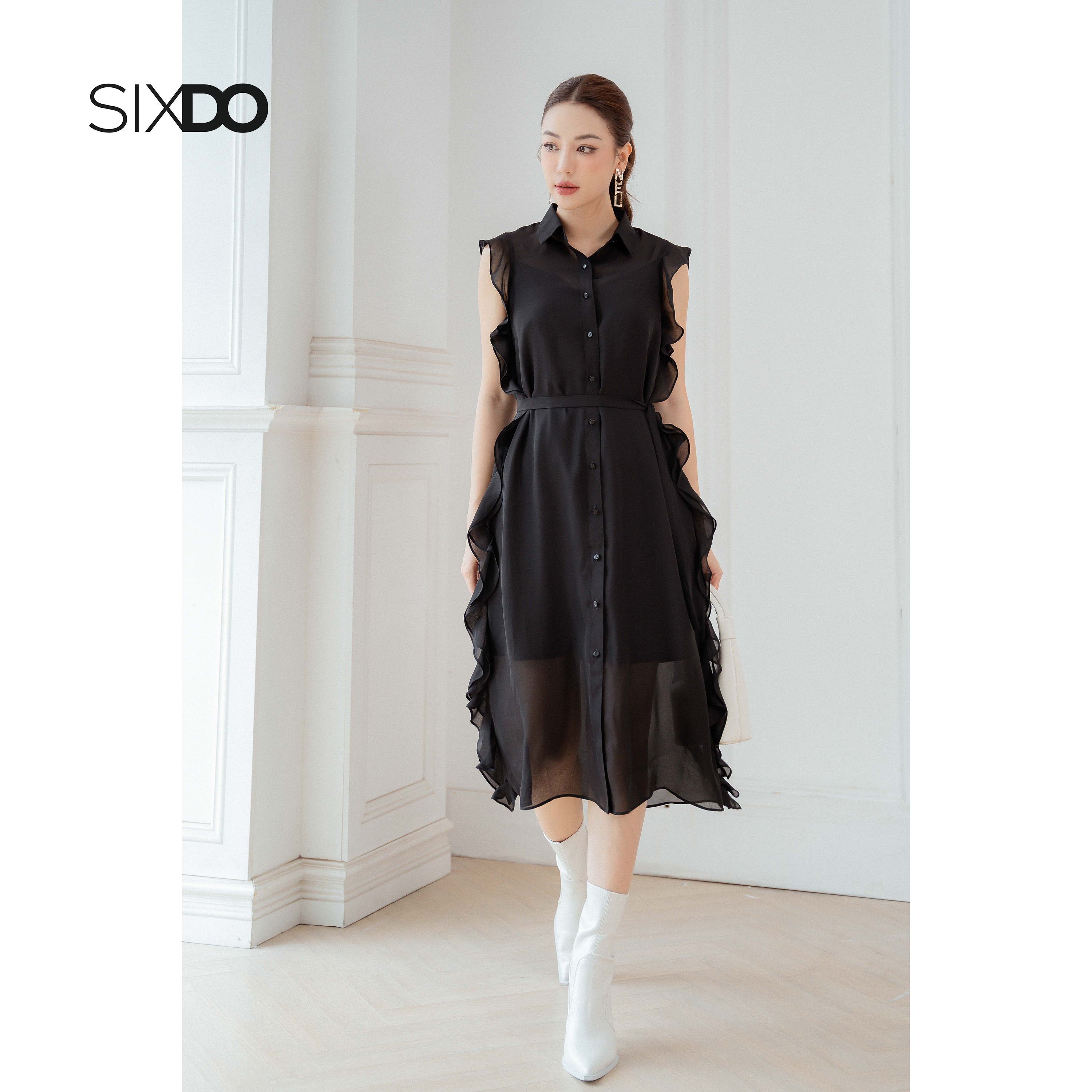 Đầm sơ mi sát nách SIXDO (Black Straight Midi Chiffon Dress)