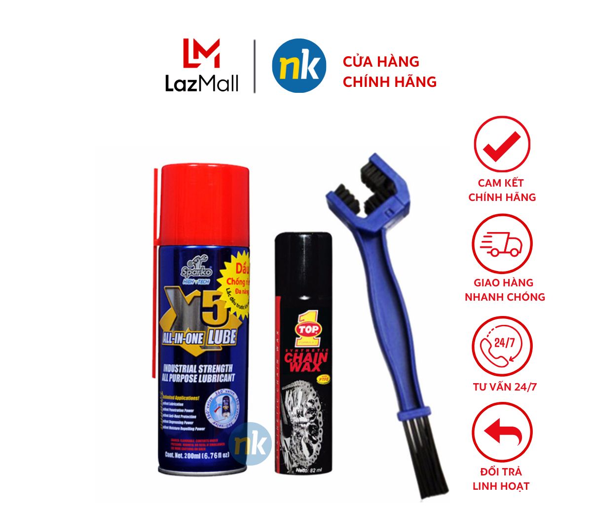 Combo 3 sản phẩm chai xịt vệ sinh sên, chống rỉ X5 200ml, bảo dưỡng sên Top 1 Chain Wax 82ml tặng bàn chải vệ sinh sên