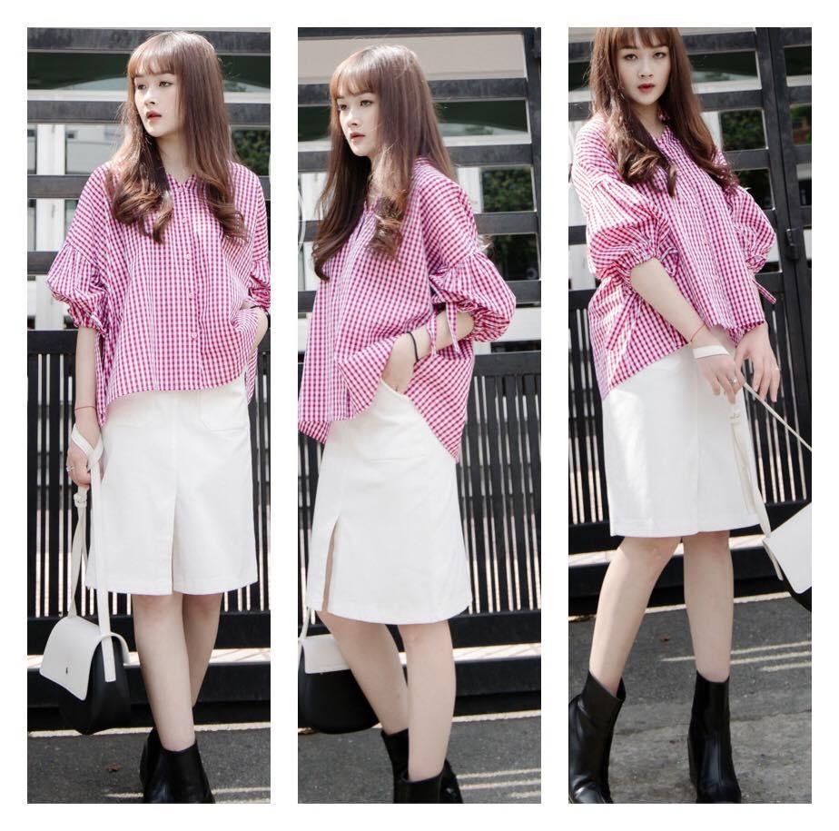 Áo cổ V tay phồng thắt nơ