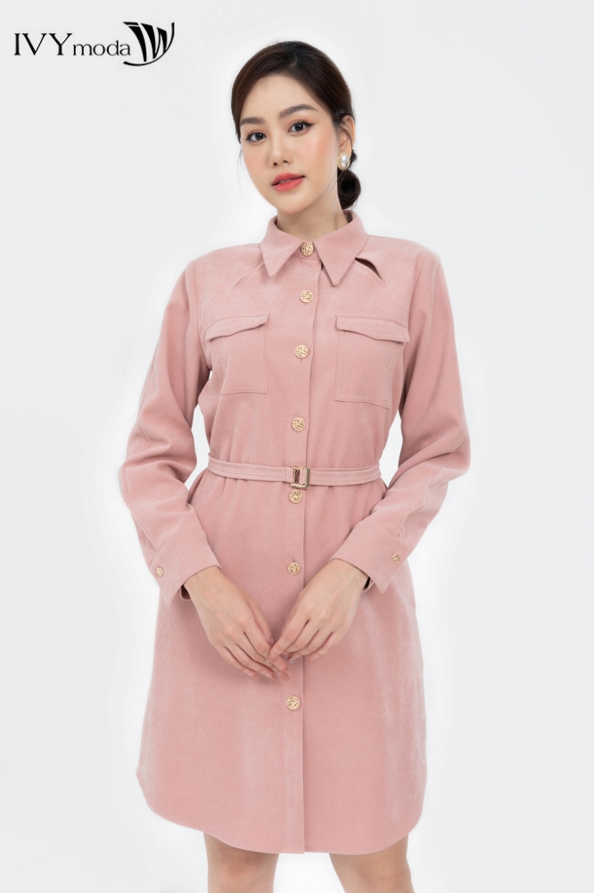 Đầm sơ mi nhung cut out IVY moda MS 48M8003