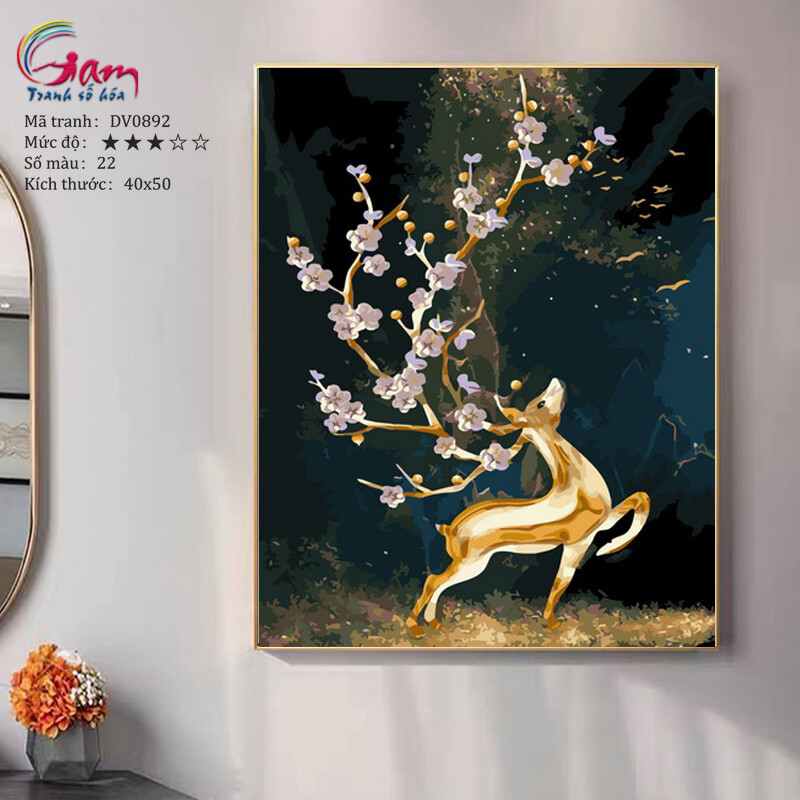 Tranh tự tô màu theo số sơn dầu số hóa Gam Tranh hươu nai tuần lộc Hươu vàng sừng hoa mã DV0892