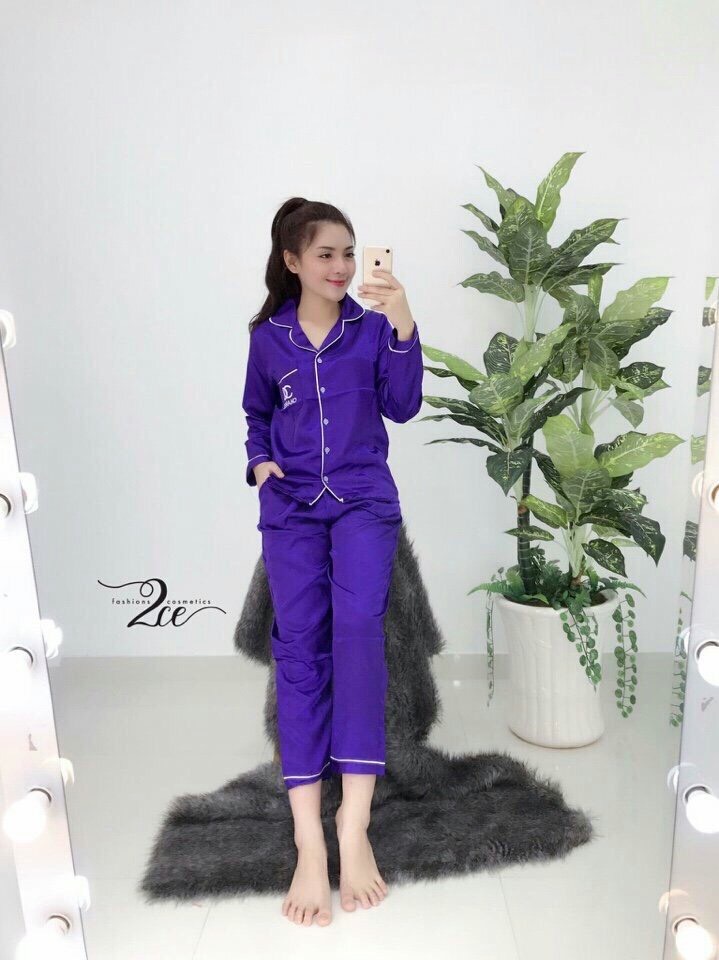 Đồ Bộ Pijama Phi Lụa Tay dài Phối Quần Dài Cao Cấp - Dưới 65kg- 010