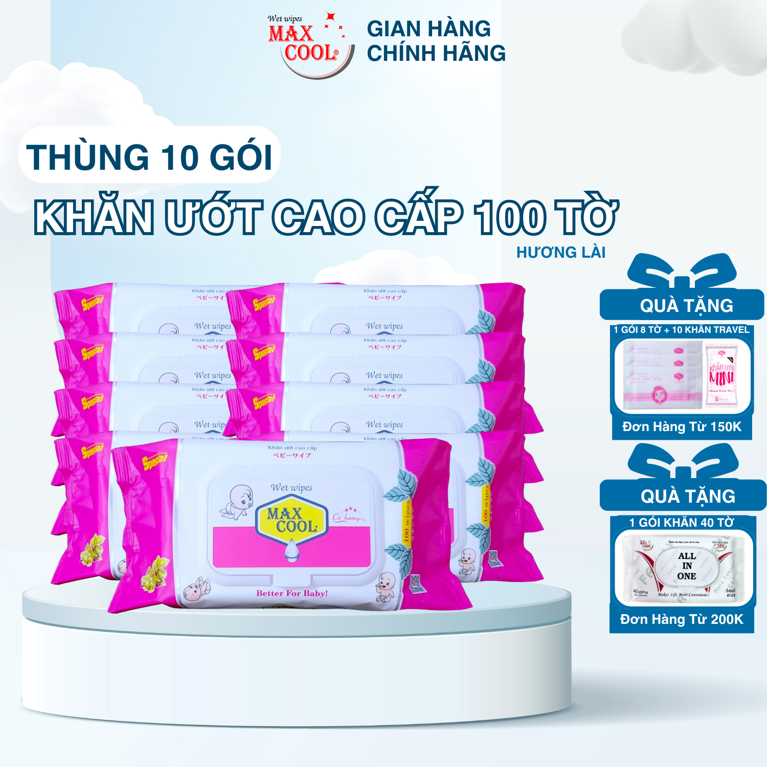 Thùng 10 gói khăn ướt cao cấp Max Cool 100 tờ, hương hoa lài