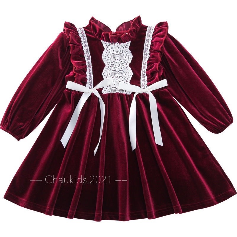♗✵  Váy nhung màu đỏ đậm bé gái