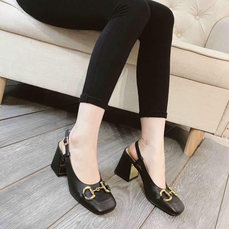 Sandal mũi vuông da mềm khoá sắt cao cấp gót 6p