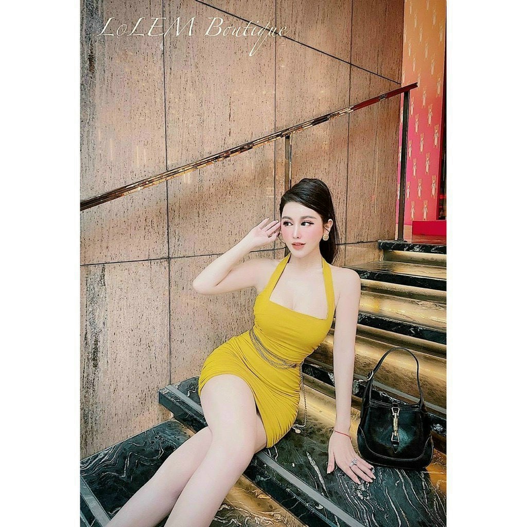 Đầm body cổ vuông phối dây yếm nữ vải thun lụa utrrb