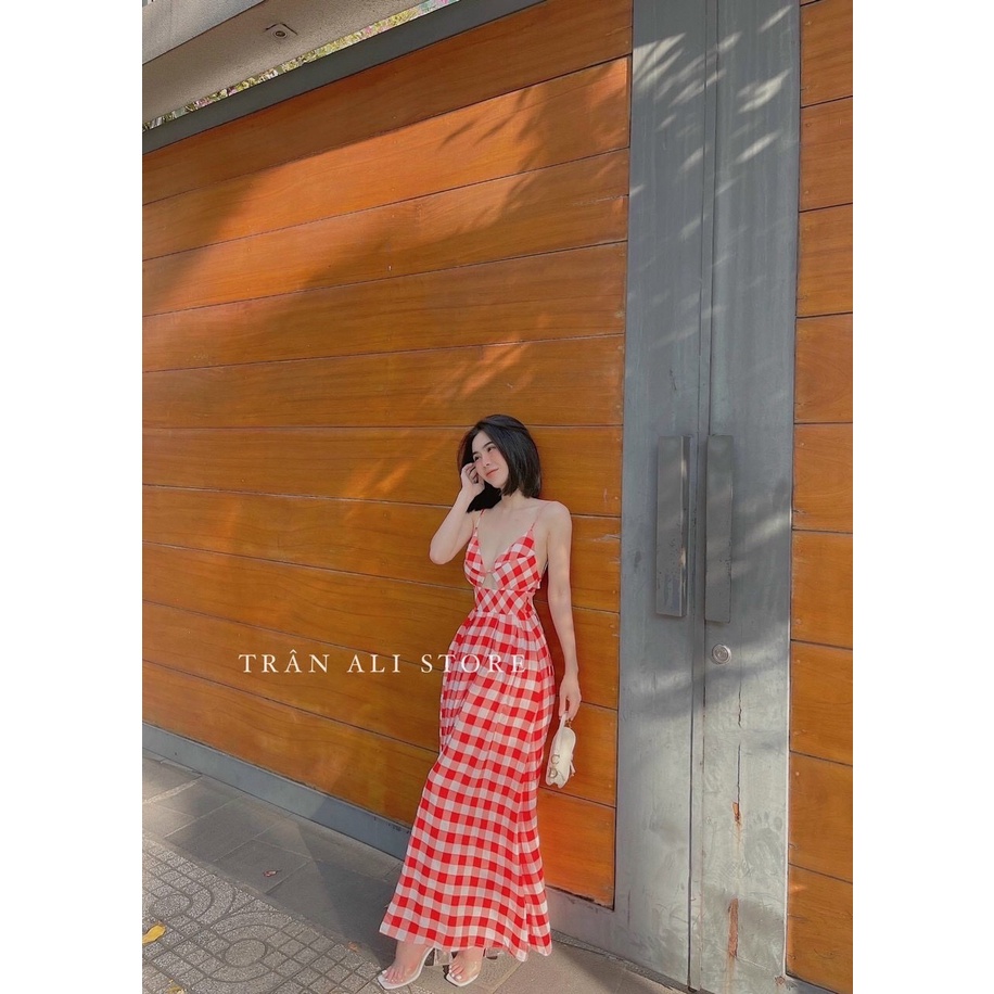 Đầm maxi caro khoét 2 dây - Maxi Ngọc Lan