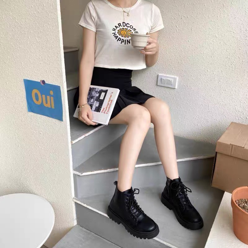 Giày bốt đế dày cổ thấp phối khóa kéo cá tính cho nữ