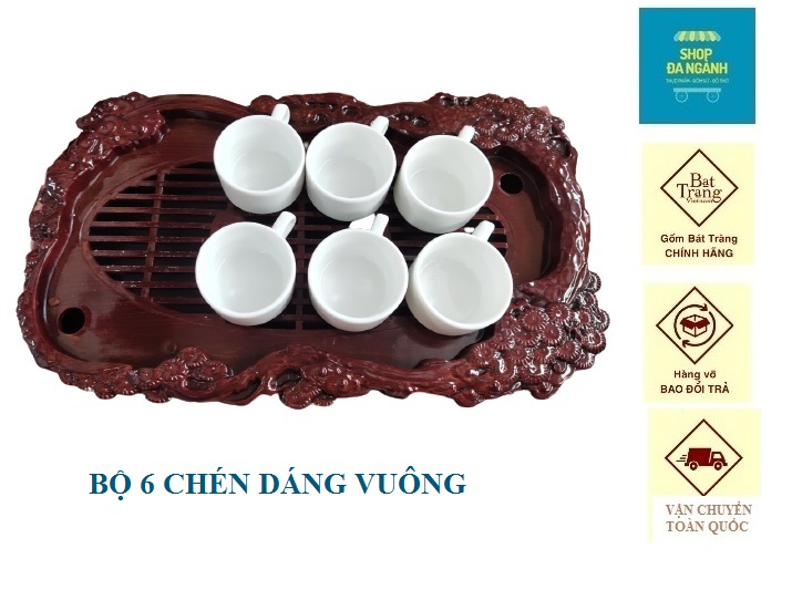 [Có giao hỏa tốc] Bộ 6 chén (ly) dáng vuông có tai 50ml sứ Bát Tràng [giá nhà lò]