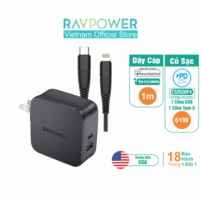 Combo RAVPower Củ Sạc Điện Thoại USB Type-C 61W RP-PC105  + Dây Cáp Sạc Type-C To Lightning RP-CB020 - Hàng Chính Hãng