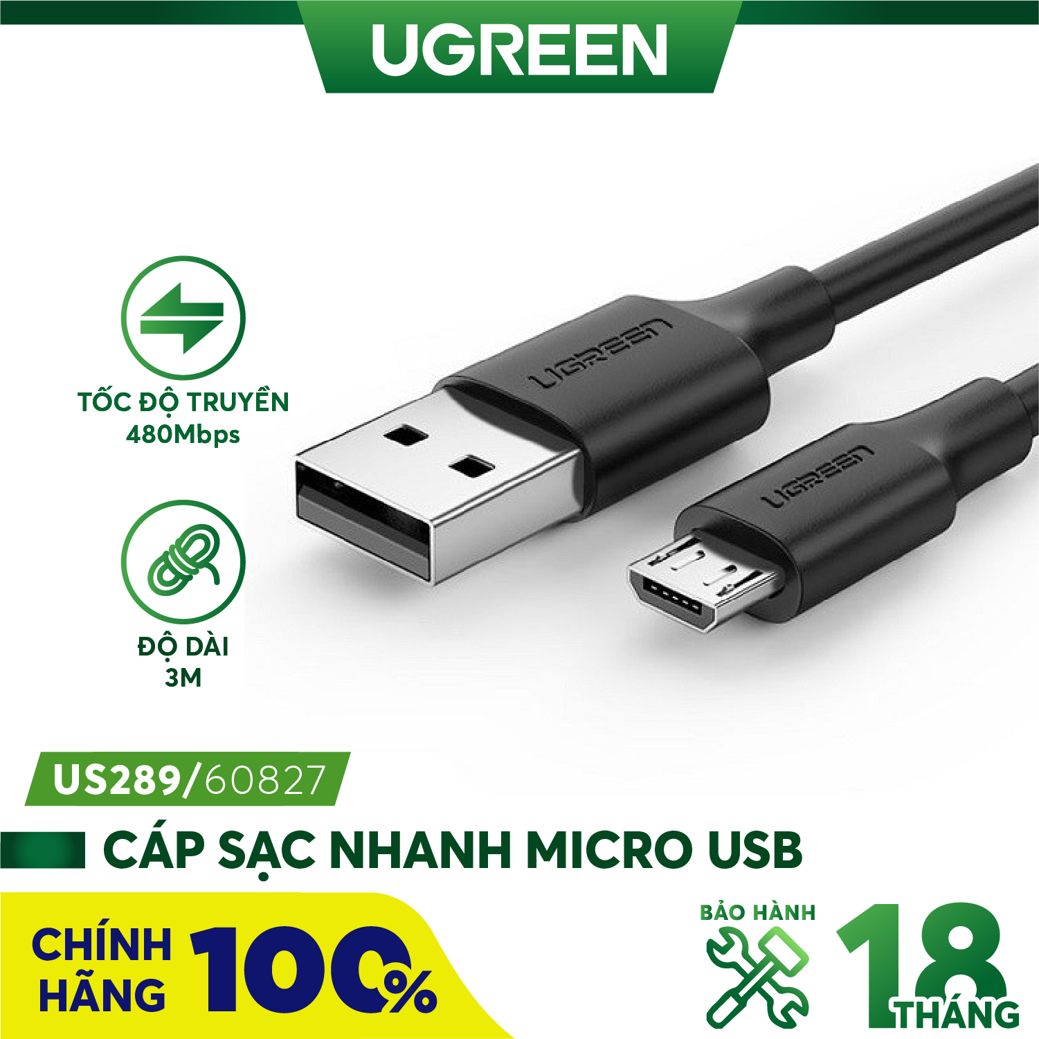 Cáp sạc dữ liệu micro USB dài 3m Ugreen 60827 Chính Hãng
