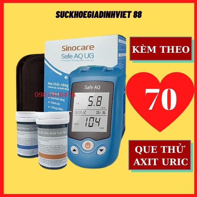 Máy đo đường huyết, Axit Uric 2 trong 1 Sinocare Safe AQ UG Tặng kèm 70que