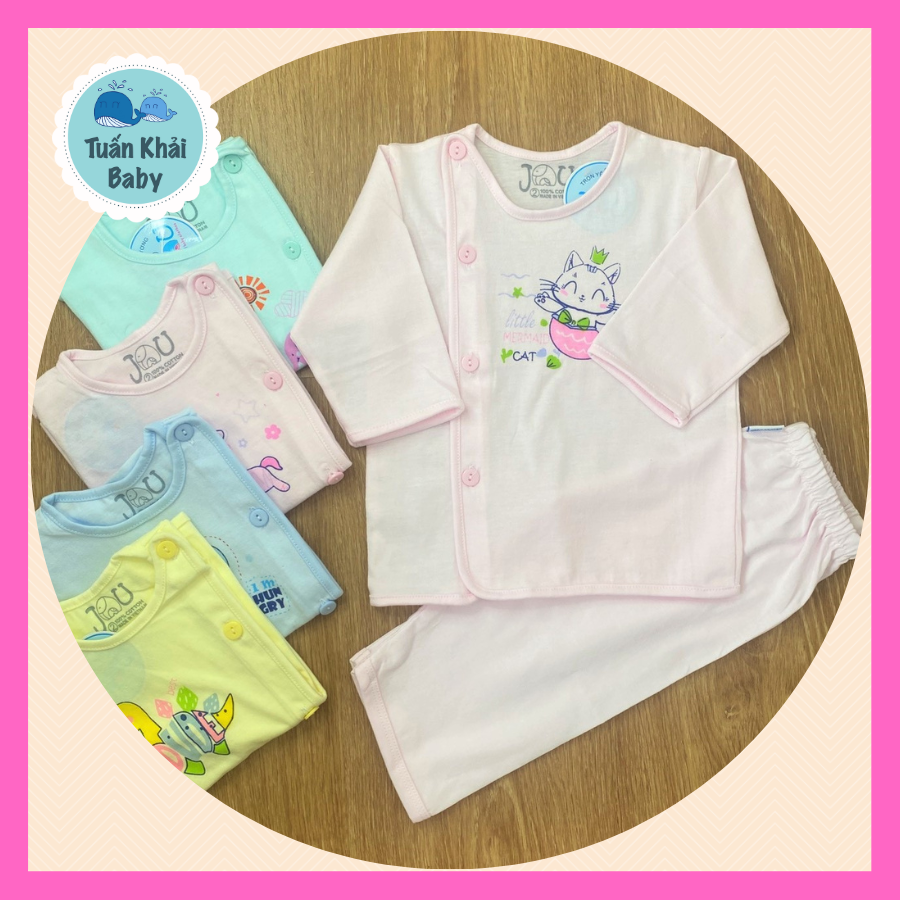 Túi 3 Bộ quần áo sơ sinh Tay Dài Cài Nút Lệch Màu - Size 1, 2, 3 cho bé sơ sinh - 9 kg - Chất vải thun cotton  xịn đẹp mềm họa tiết xinh
