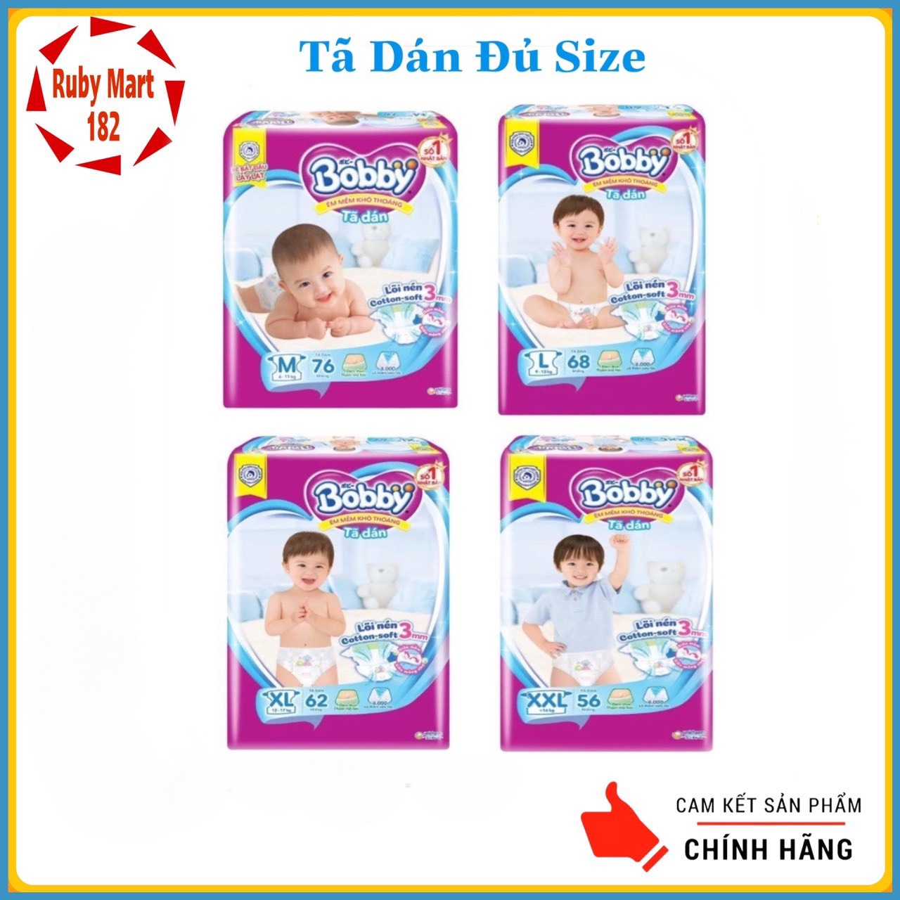 Tã dán Bobby Đủ Size M76/L68/XL68/XXL56