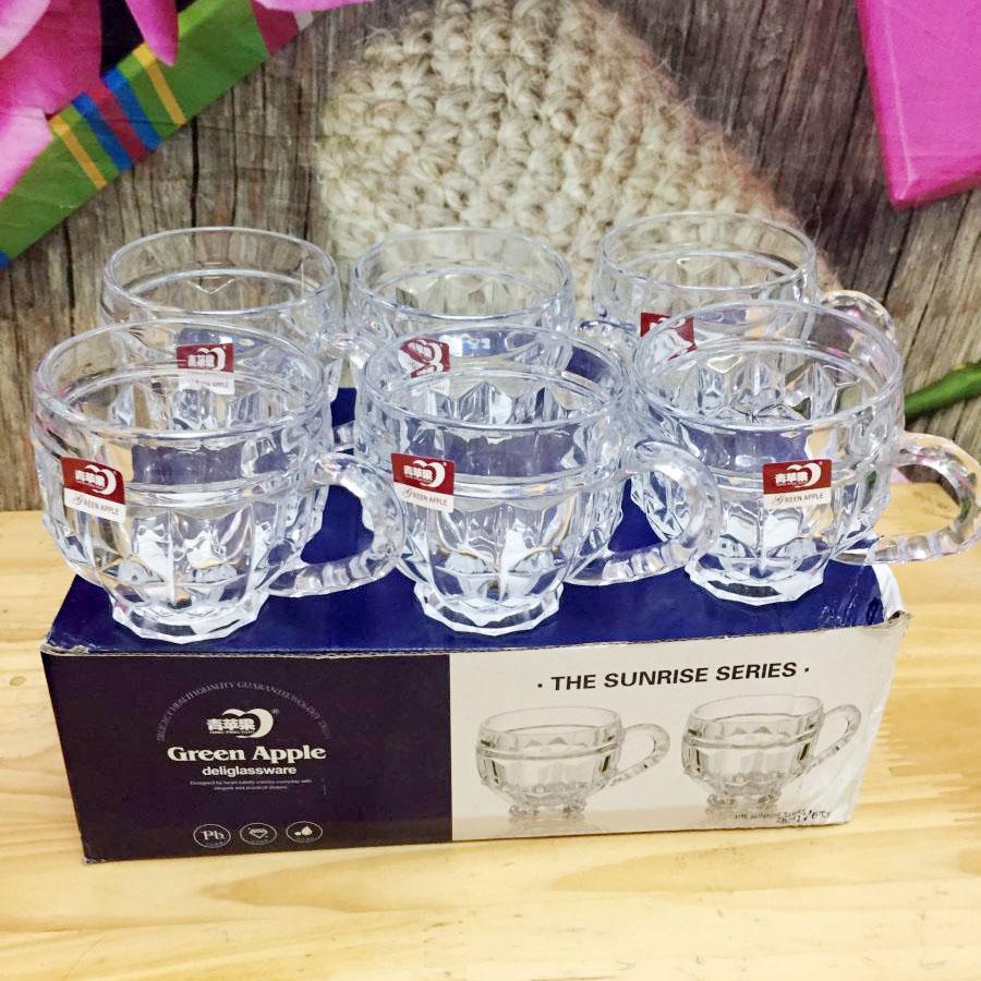 Bộ 6 cốc, ly thủy tinh có quai siêu đẹp - set 6 ly thủy tinh uống nước, trà, cà phê