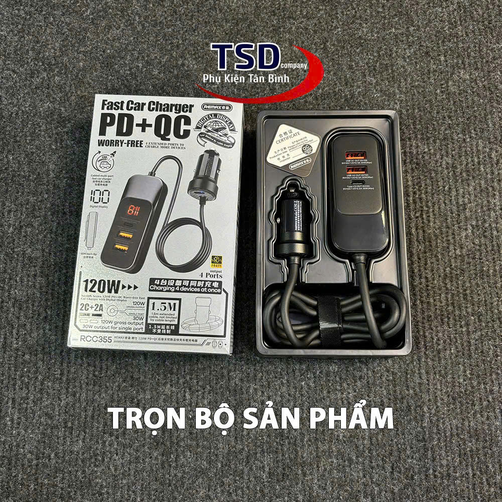 Tẩu Sạc Nhanh Đa Năng Dùng Cho Cả Ghế Trước & Sau Remax RCC355 Chính Hãng