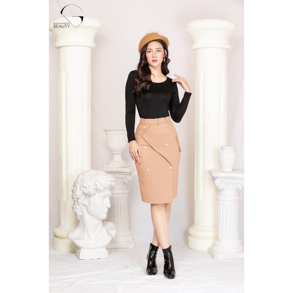 G beauty Chân Váy Phối Cúc Be