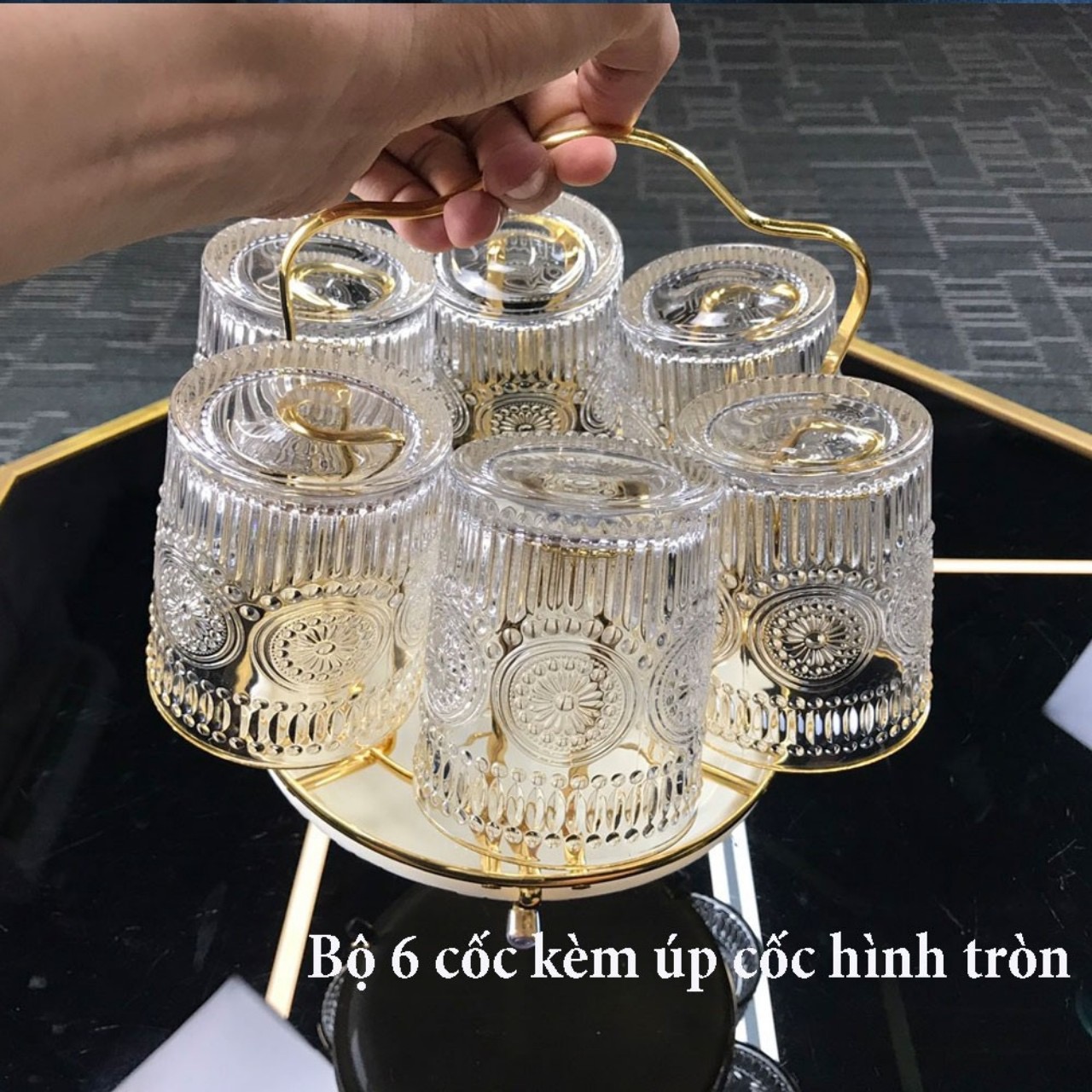 Bộ 6 cốc thuỷ tinh kèm giá úp cốc