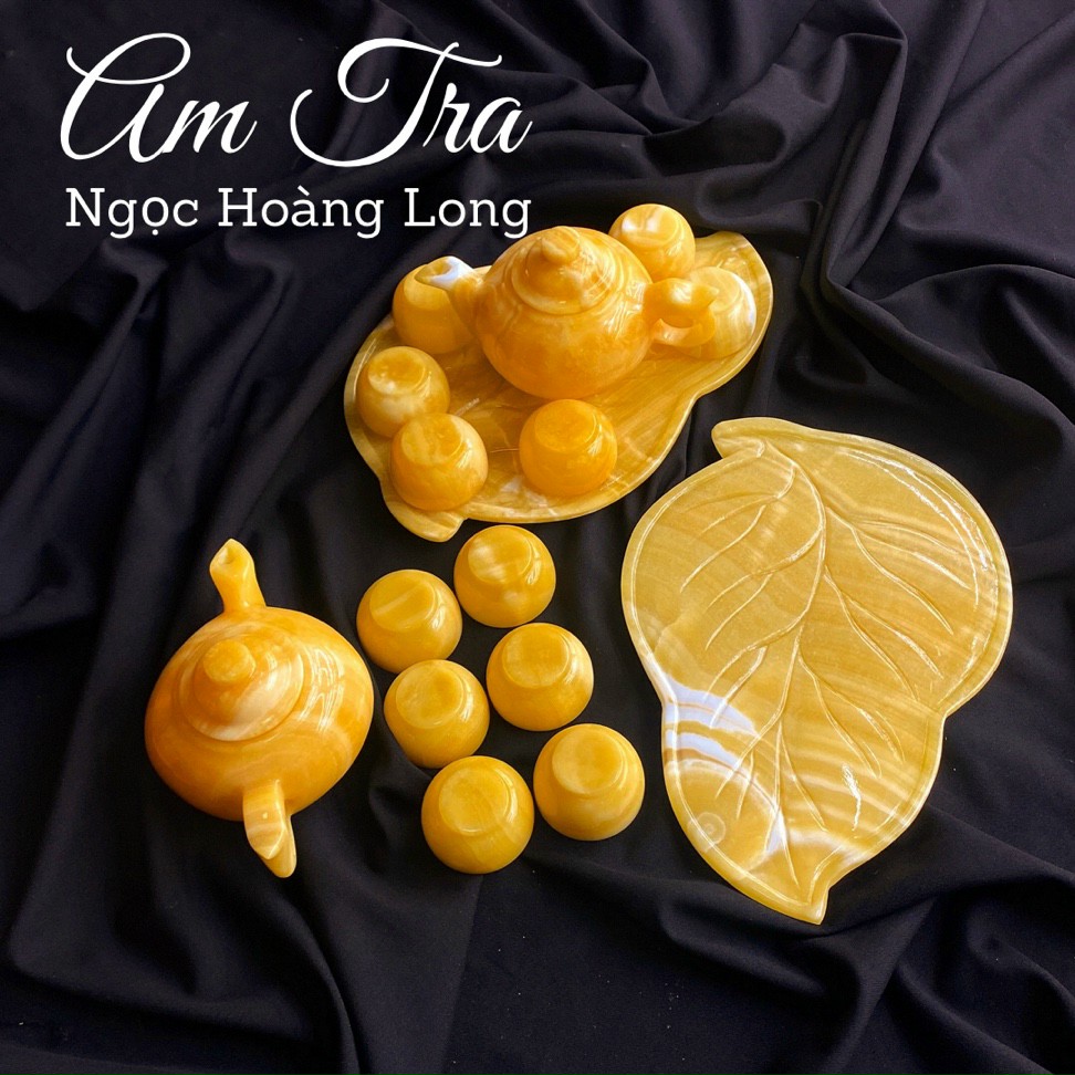 Bộ Ấm Trà Đá Ngọc Hoàng Long , Đá Onyx Xanh - (Gồm 1 Ấm + 6 Chén + Đĩa Lá)