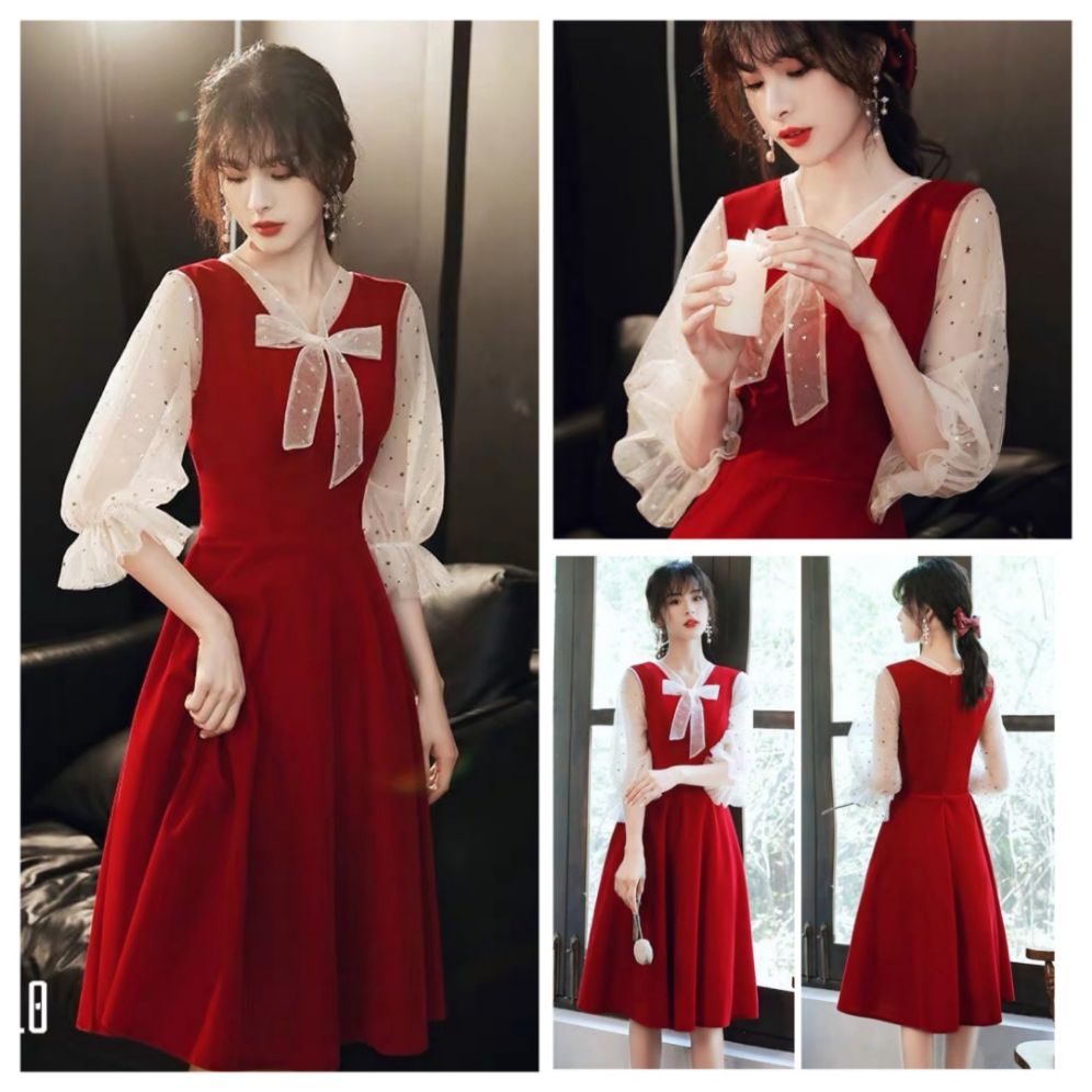 ĐẦM XÒE DỰ TIỆC CỔ THẮT NƠ TAY PHỐI LƯỚI SAO MAY MẮN