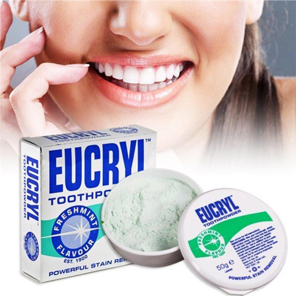 Kem đánh răng Eucryl 62g + Bột tẩy trắng răng Eucryl Toothpaste Freshmint Hương Bạc Hà 50g Anh Quốc