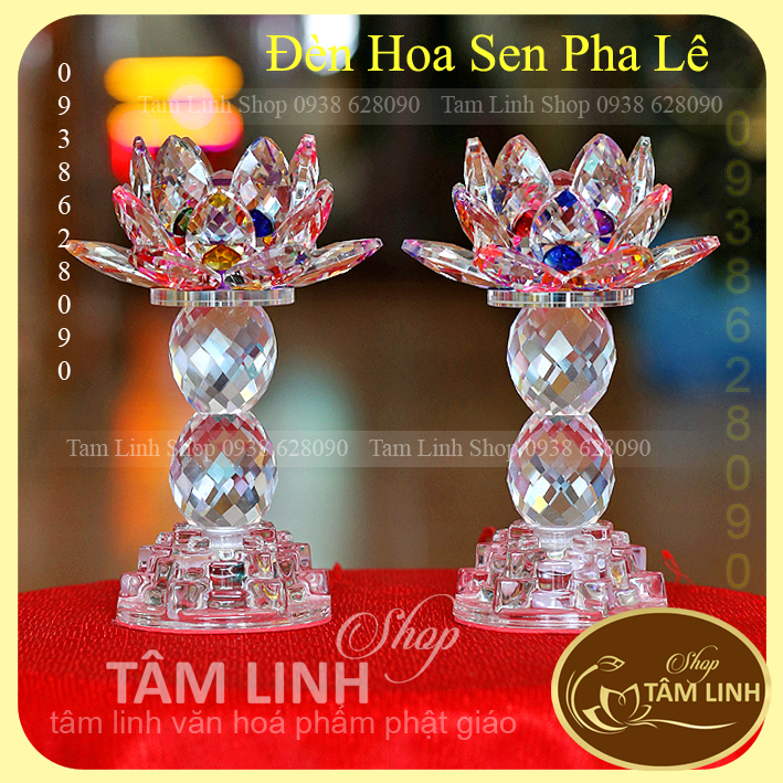 [Ảnh thật] Cặp Đèn Thờ Hoa Sen Pha Lê Cao 18.5 cm đèn LED đổi 7 màu