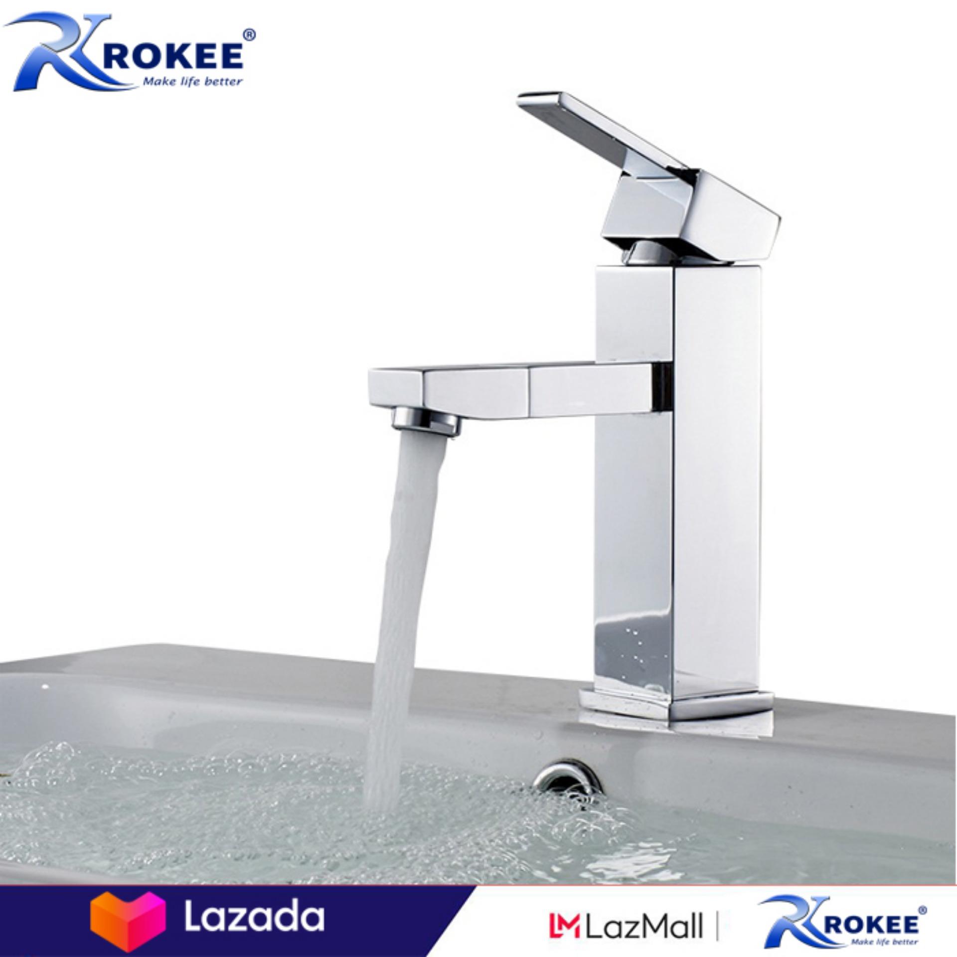 Vòi chậu lavabo nóng lạnh vuông 20cm Rokee - R218