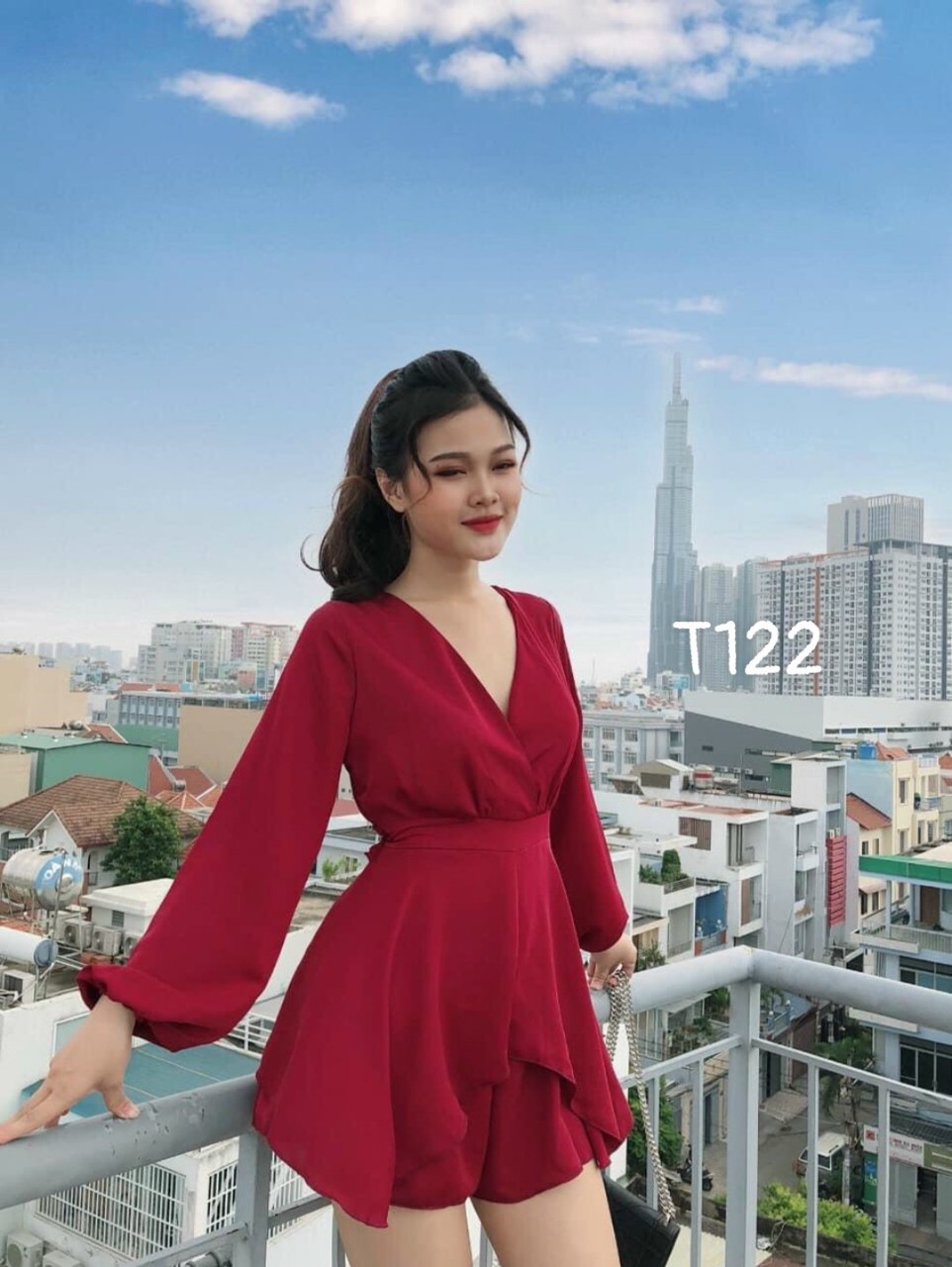 [HCM]Đầm xoè bèo cột nơ eo tay dài cổ v chất liệu umi lụa T122
