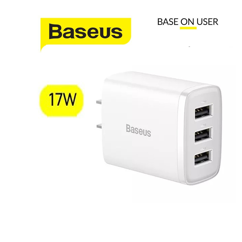 Cốc sạc Baseus Compact 3 cổng USB sạc nhanh 17W chân dẹt sạc nhiều thiết bị cùng lúc