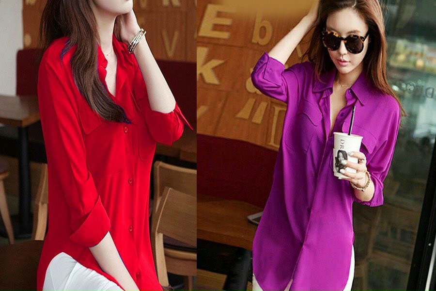 Áo sơ mi form dài xẻ eo dv2036